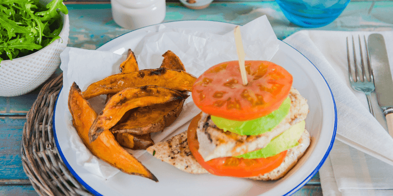 Chicken, tomato and avocado stack